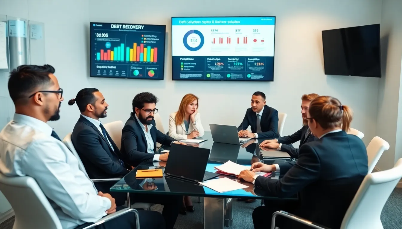 diverse team discussing debt collection solutions in a modern office.