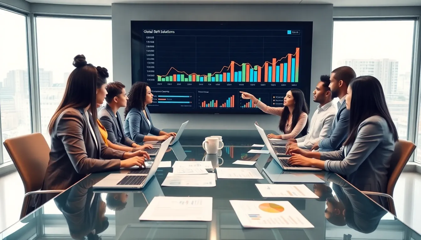 diverse financial professionals discussing global debt solutions in a modern office.