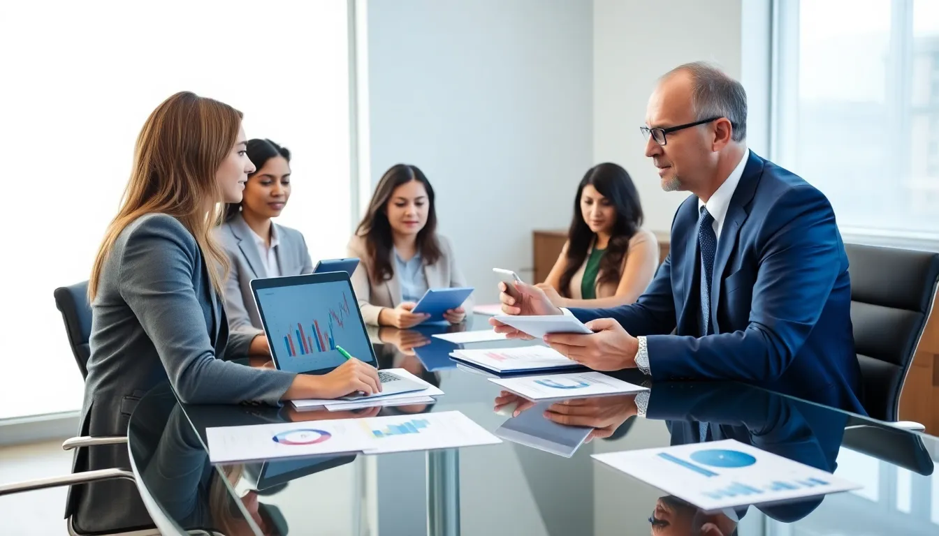 financial consultant discussing debt solutions with a diverse group in an office.