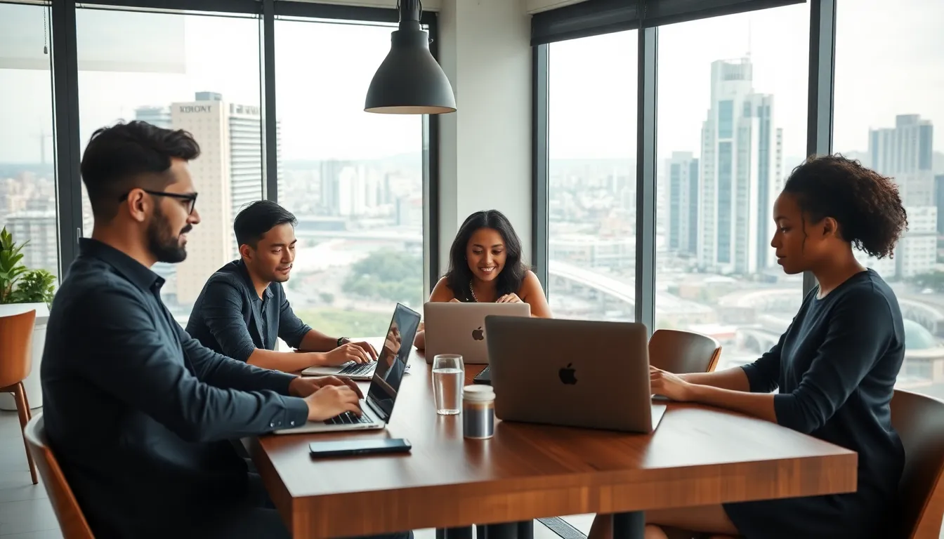 diverse digital nomads working in a modern cafe setting.