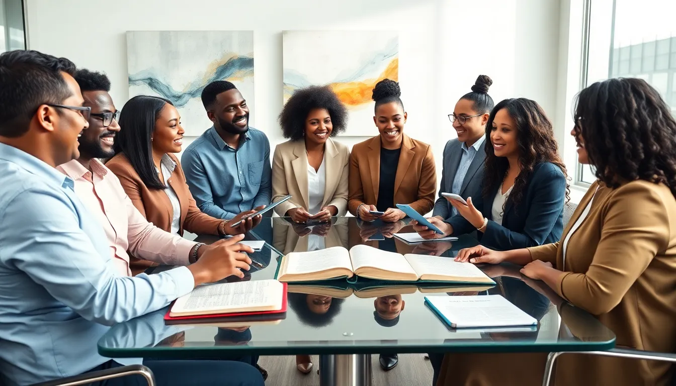 Diverse professionals discussing positivity in a modern office setting.