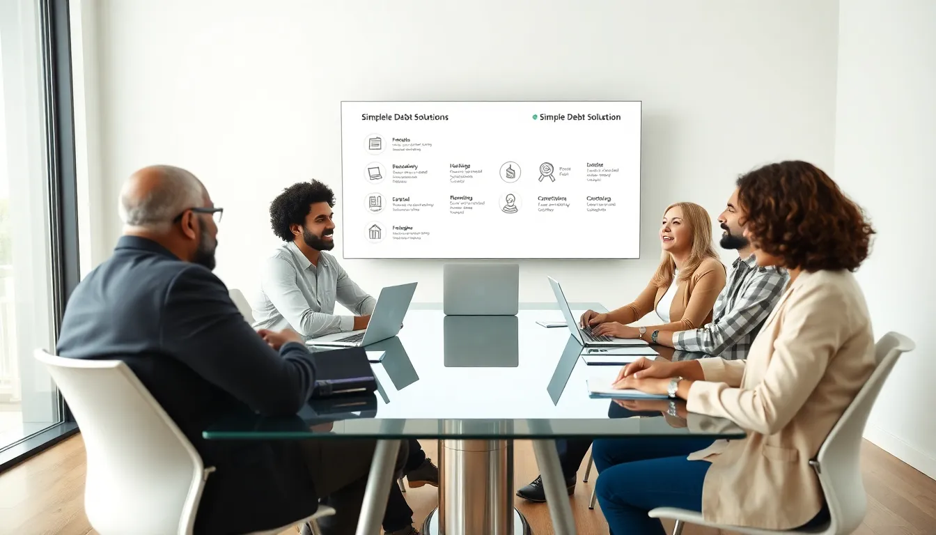 diverse team discussing simple debt solutions in a modern office.