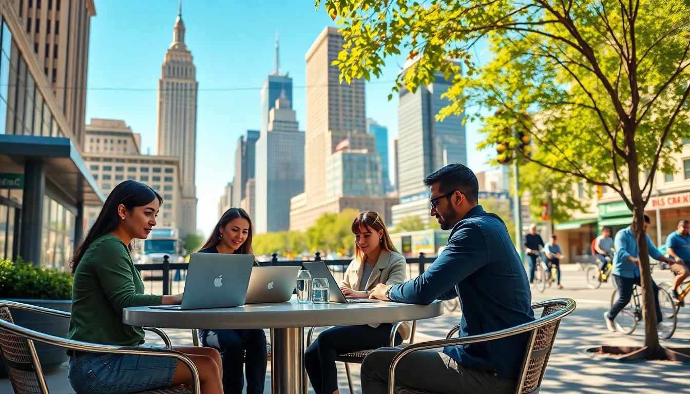 diverse professionals working outdoors in a city café setting.