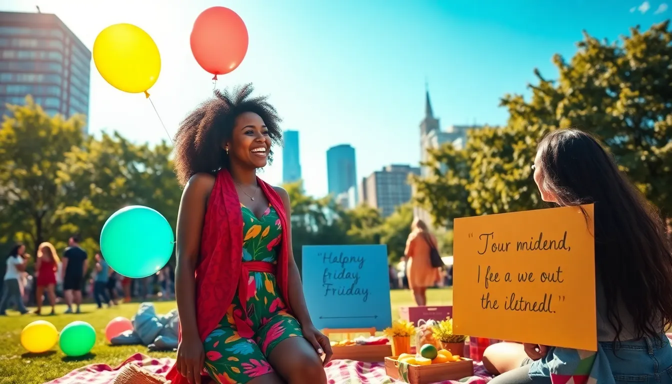 happy black girl celebrating Friday with friends in a joyful park setting.