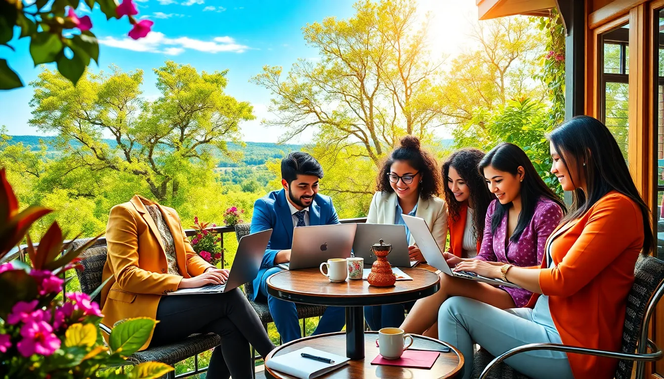 diverse professionals working remotely in an outdoor café setting.
