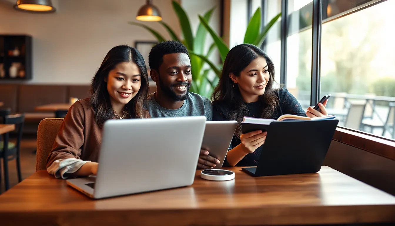 three digital nomads working in a modern café.